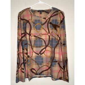 Lauren Ralph Lauren Brown Pink Plaid Equestrian Bit Bridle Old Money Shirt XL